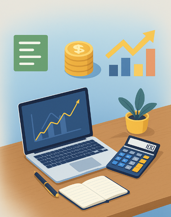 Illustration of a desk with a laptop showing a rising graph, calculator, notebook, and coins representing accounting and finance growth.