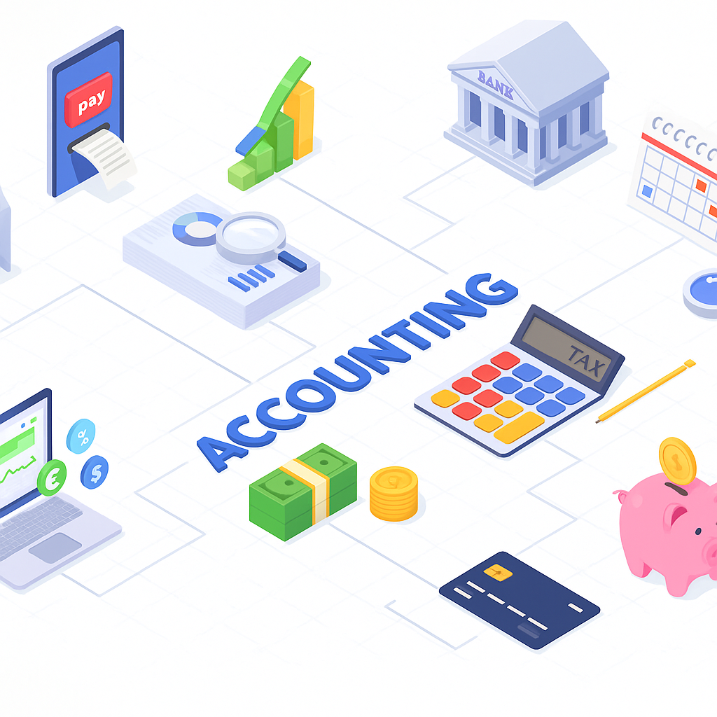 Illustration of accounting tools including a calculator, graphs, and tax forms - representing accounting tutoring and resources.