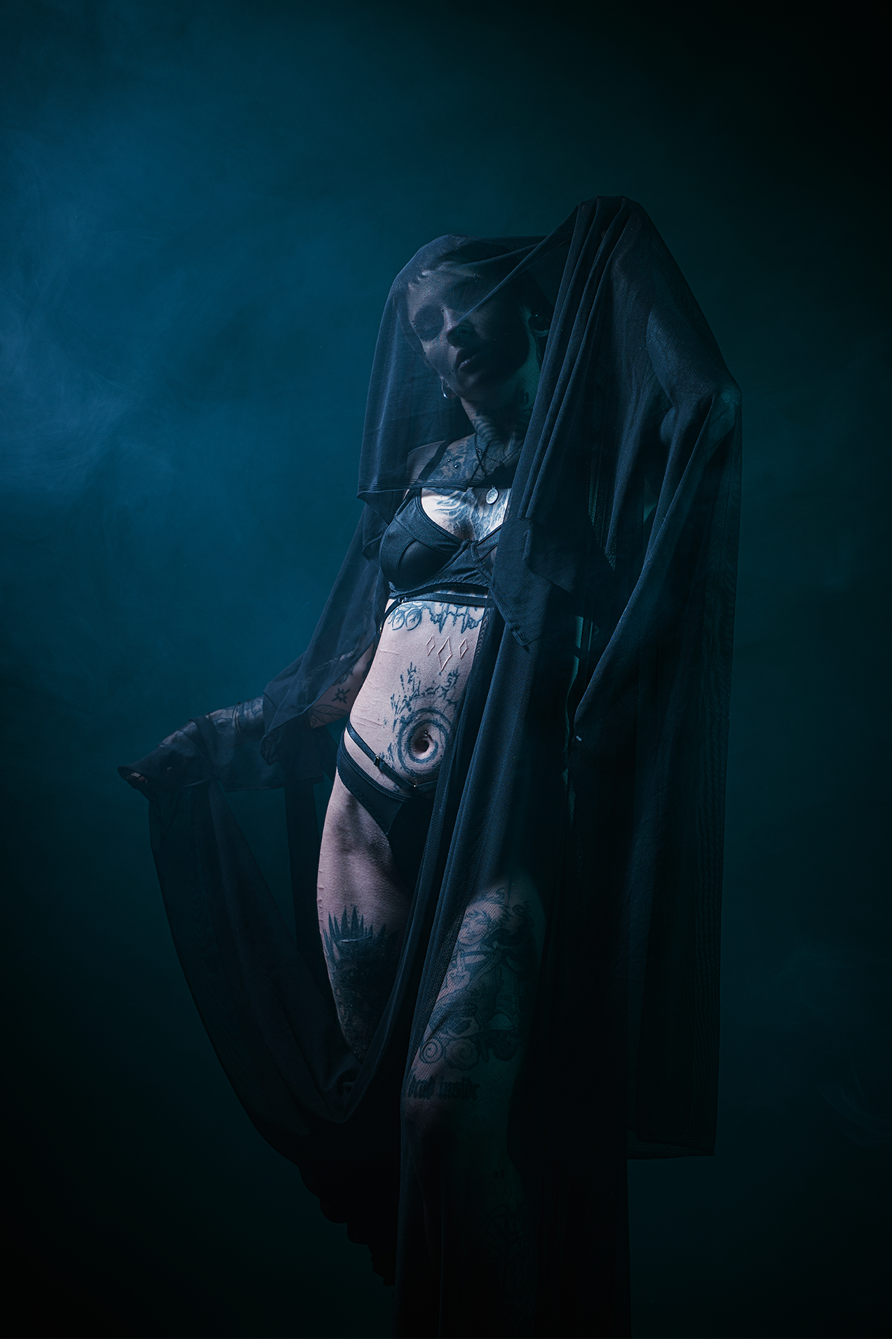 A woman with extensive tattoos on her torso and legs, dressed in revealing black clothing, stands partially shrouded by a dark, semi-transparent veil against a moody, dark background.