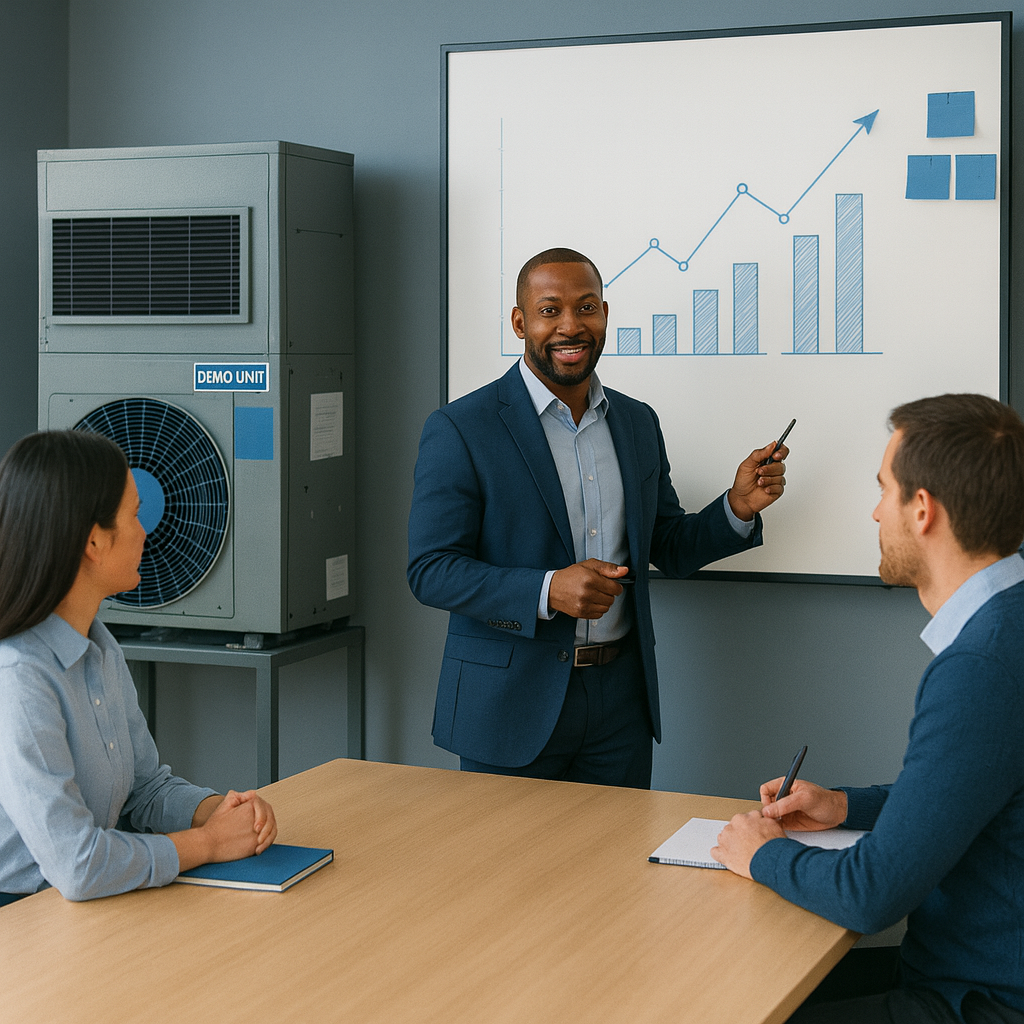 Business meeting with a man in a suit giving a presentation on a graph showing growth, three people seated at a table listening, a large ventilation unit labeled 'Demo Unit' in the background.