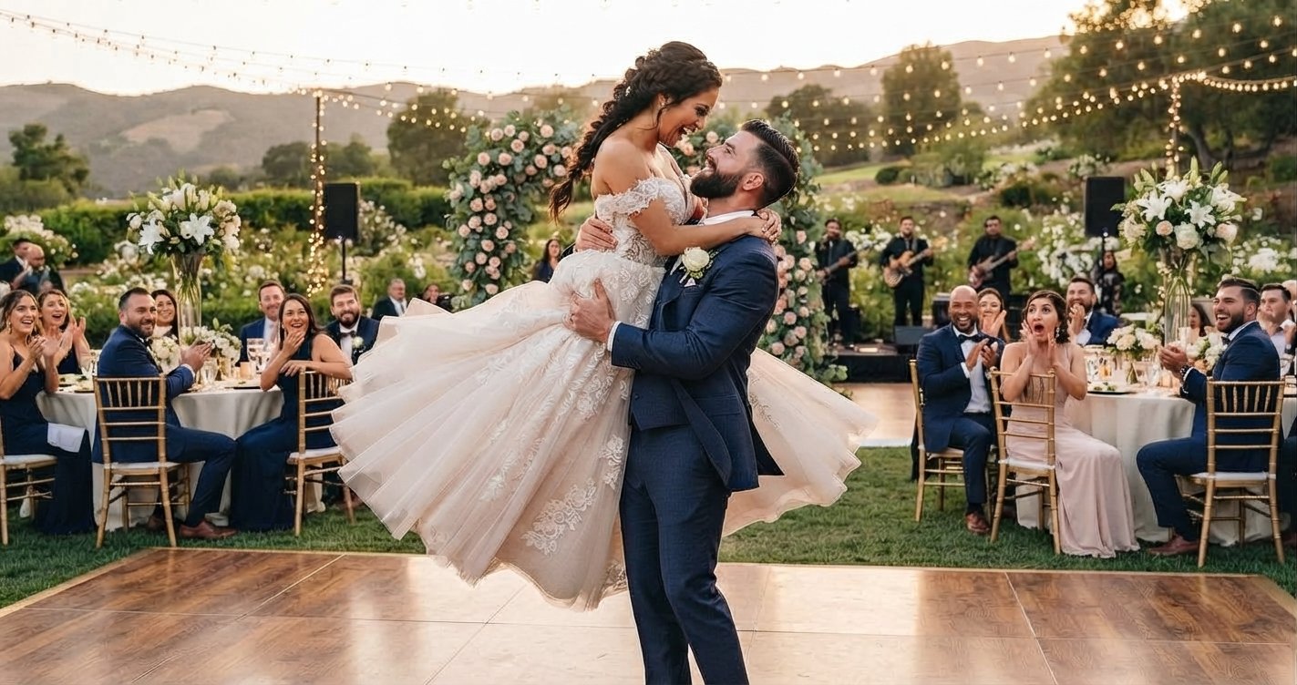 Empty wedding ceremony aisle with white chairs, floral arrangements, and an arch