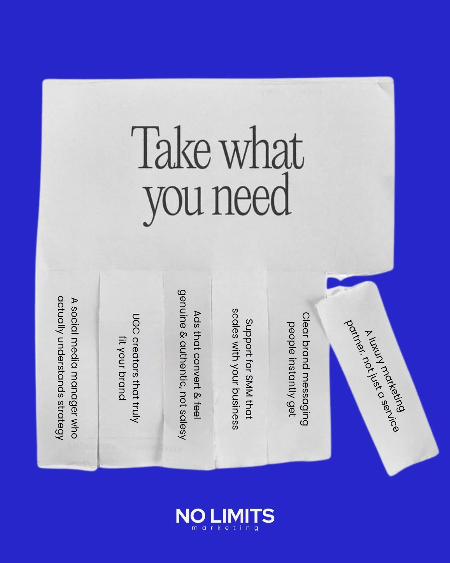 Aligned support for brands ready to scale. Strategy-led. Conversion-focused. Effortless execution. 

Ready to scale? Book a call with No Limits Marketing. (Limited spots each month) 📞 💻💸