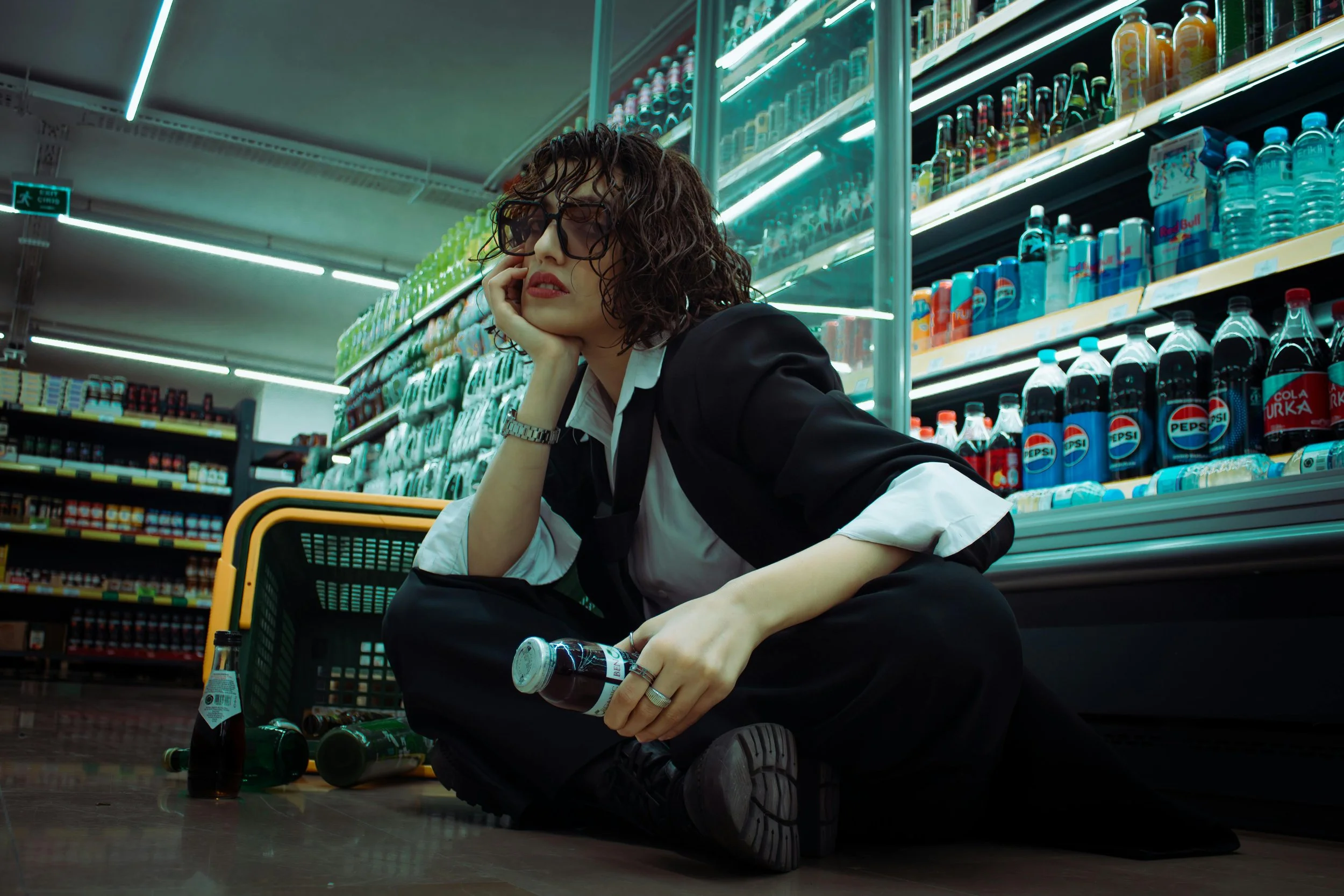 midlife woman overwhelmed in the supermarket