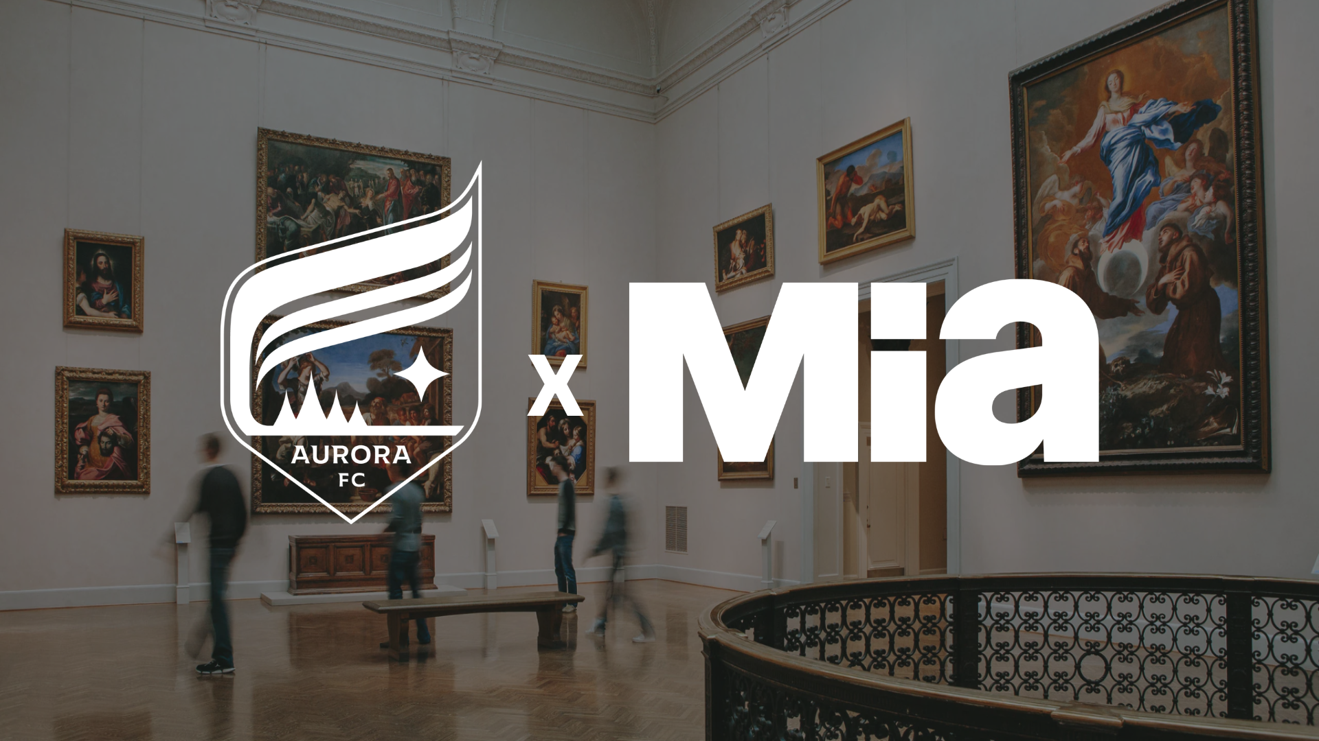 This is an image of the MN Aurora FC logo and the minneapolis institute of art logo against a backdrop of a museum gallery