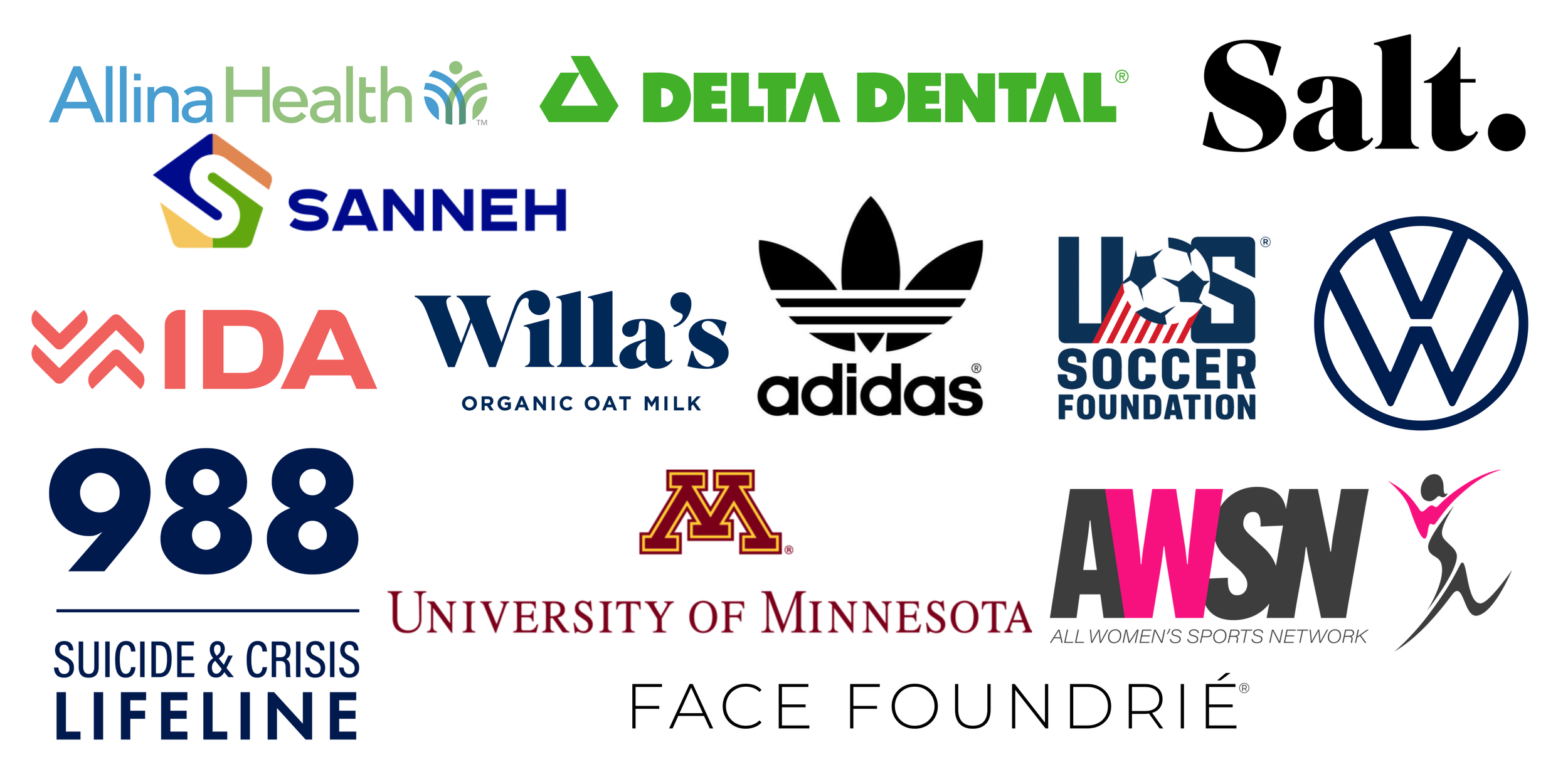 A collage of various logos including Alina Health, Delta Dental, Salt, Sanneh, IDA, Willa's Organic Oat Milk, Adidas, U.S. Soccer Foundation, Volkswagen, 988 Suicide & Crisis Lifeline, University of Minnesota, Face Foundrie, and All Women's Sports Network (AWSN).