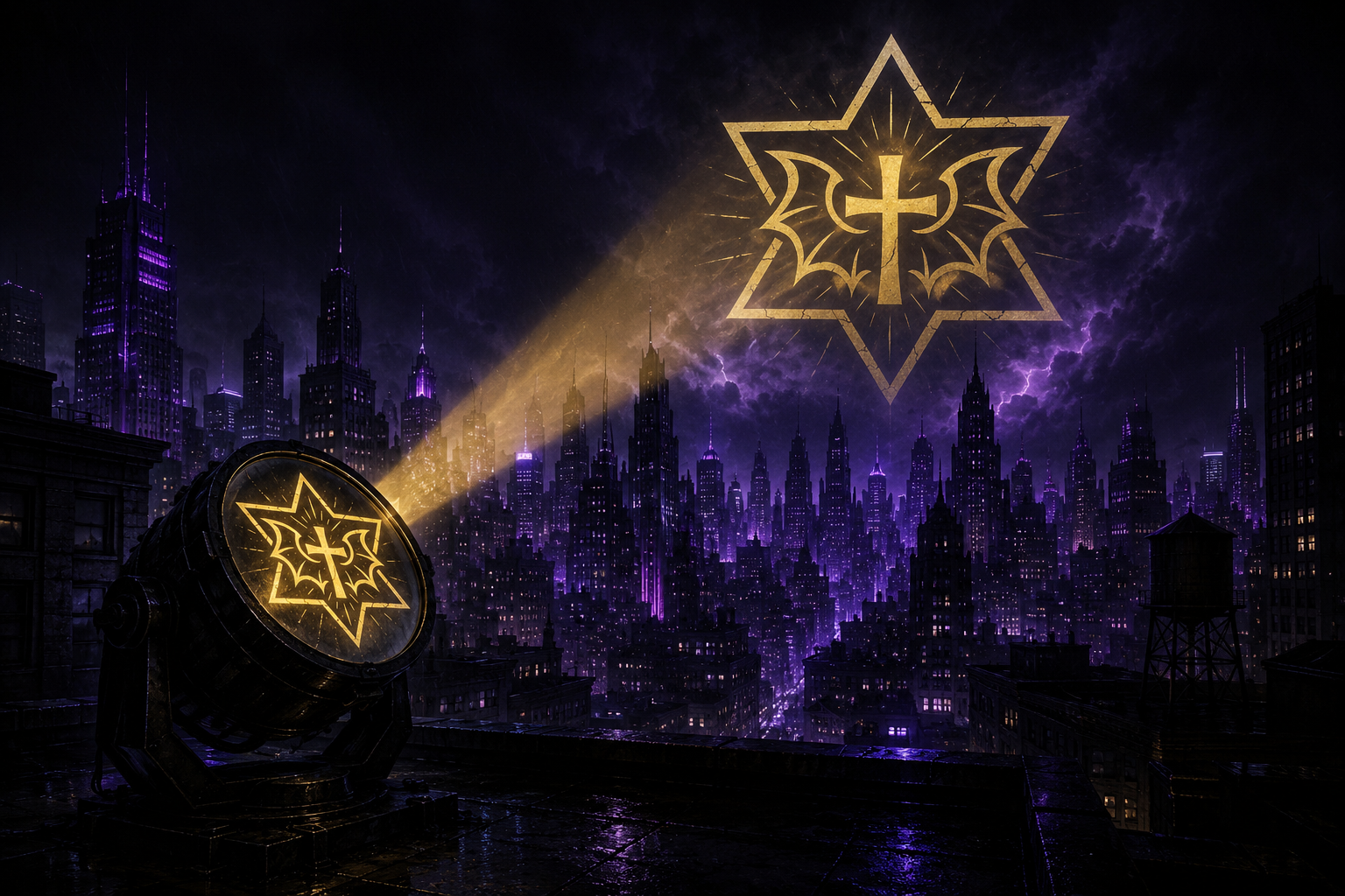 Dark city skyline with tall skyscrapers illuminated in purple. A spotlight projects a symbol with a star, a cross, and bat wings onto the clouds. A large spotlight on the rooftop displays the same symbol.