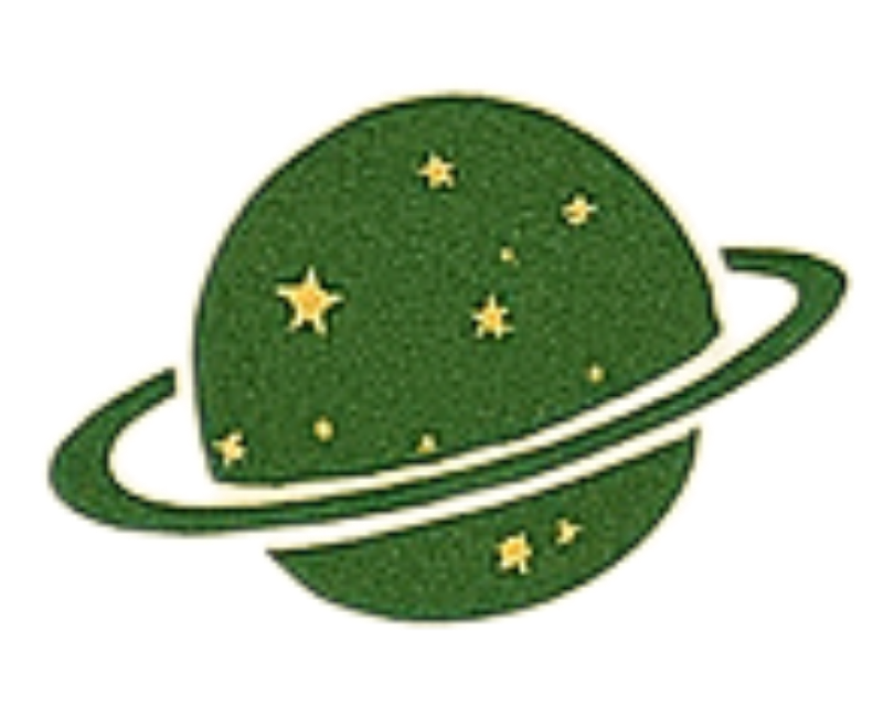 A plush toy of a green planet with yellow stars and a yellow ring around it, resembling Saturn.