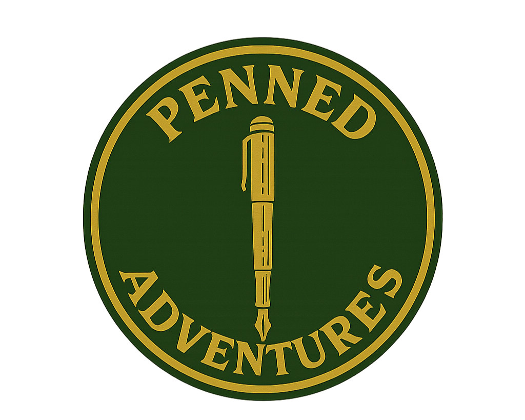 Round green and gold patch with a pencil in the center and the words 'Penned Adventures' around it.