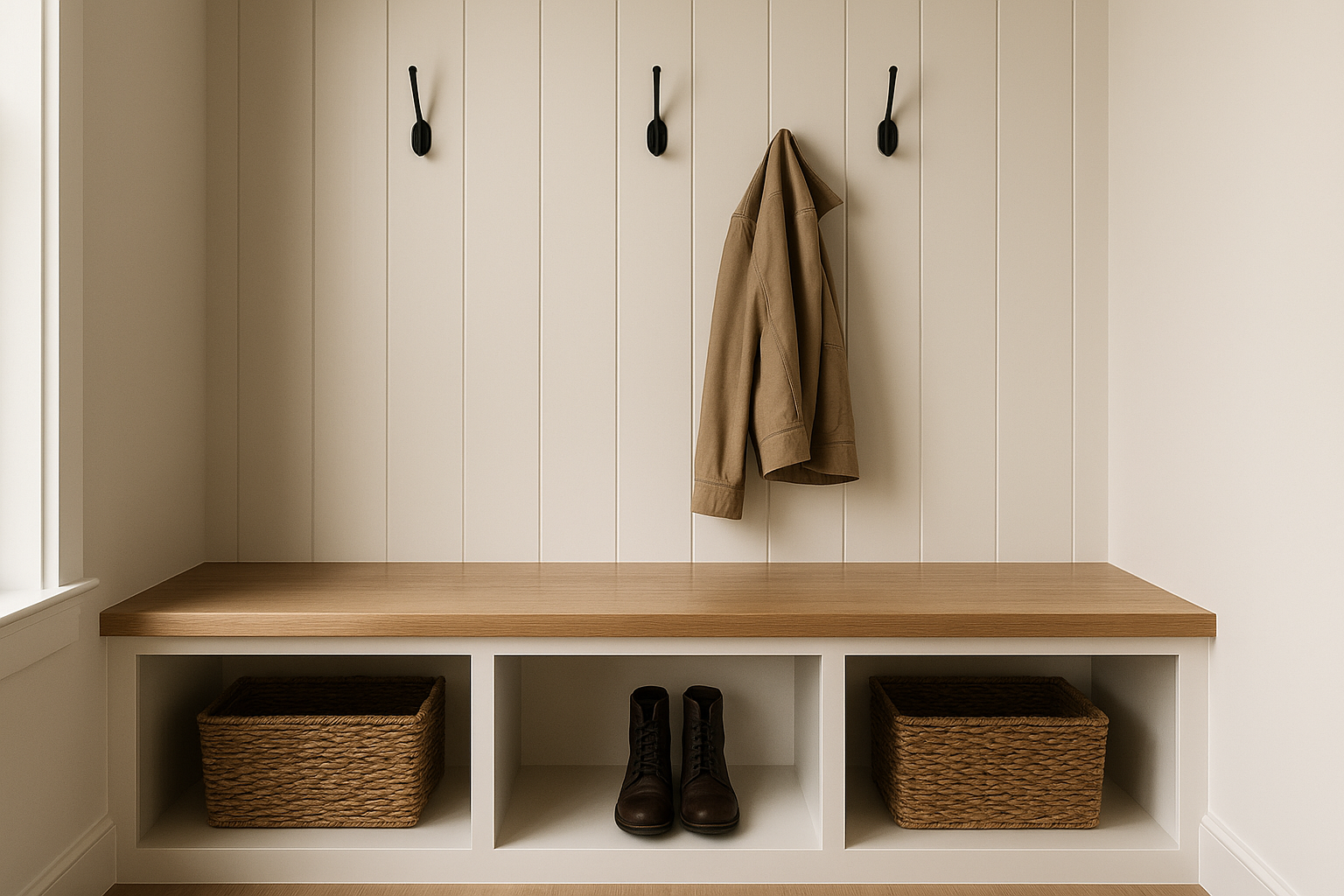 Custom made entryway mudroom in Sandy, Utah with a wooden bench, three black hooks on a cream vertical panel wall, brown coat hanging, and two woven storage baskets below.