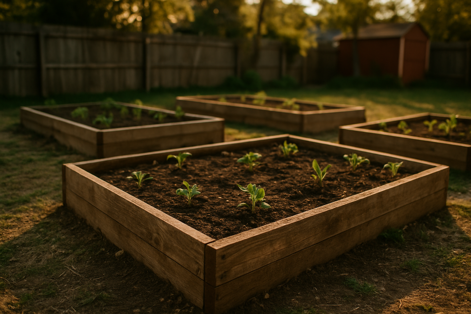 Four Custom made wooden garden beds with young plants, in a Sandy, Utah backyard with a wooden fence and shed, during sunset.
