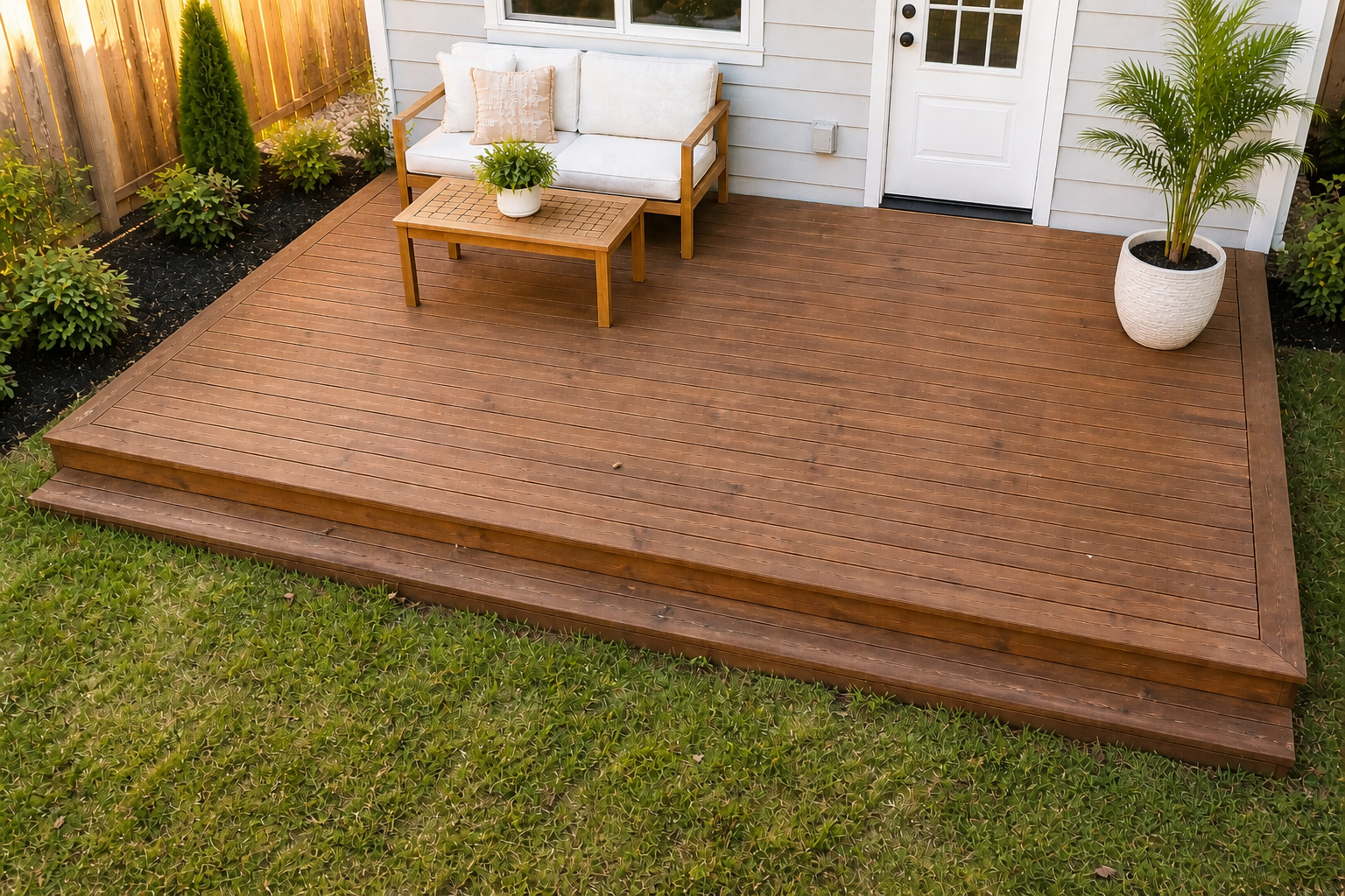 Ground-level backyard deck in Sandy, Utah, built with pressure-treated lumber and finished with a rich protective stain. Designed with quality craftsmanship, this low-profile deck offers a durable, low-maintenance outdoor space that blends seamlessly