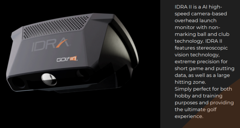 Close-up of a golf launch monitor device labeled IDRA II, which has a sleek, black and gray design with ventilation holes.