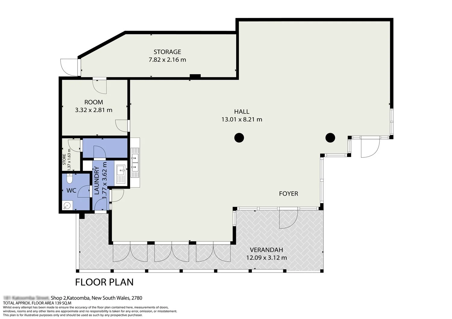 Floor plan of a house with labeled rooms including a hall, verandah, laundry, WC, store, storage, and a room, with measurements in meters.