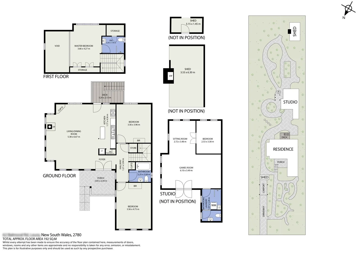 Floor plan of a house, showing ground and first floors, outdoor areas, and additional structures like sheds and a studio, with labeled rooms and measurements.