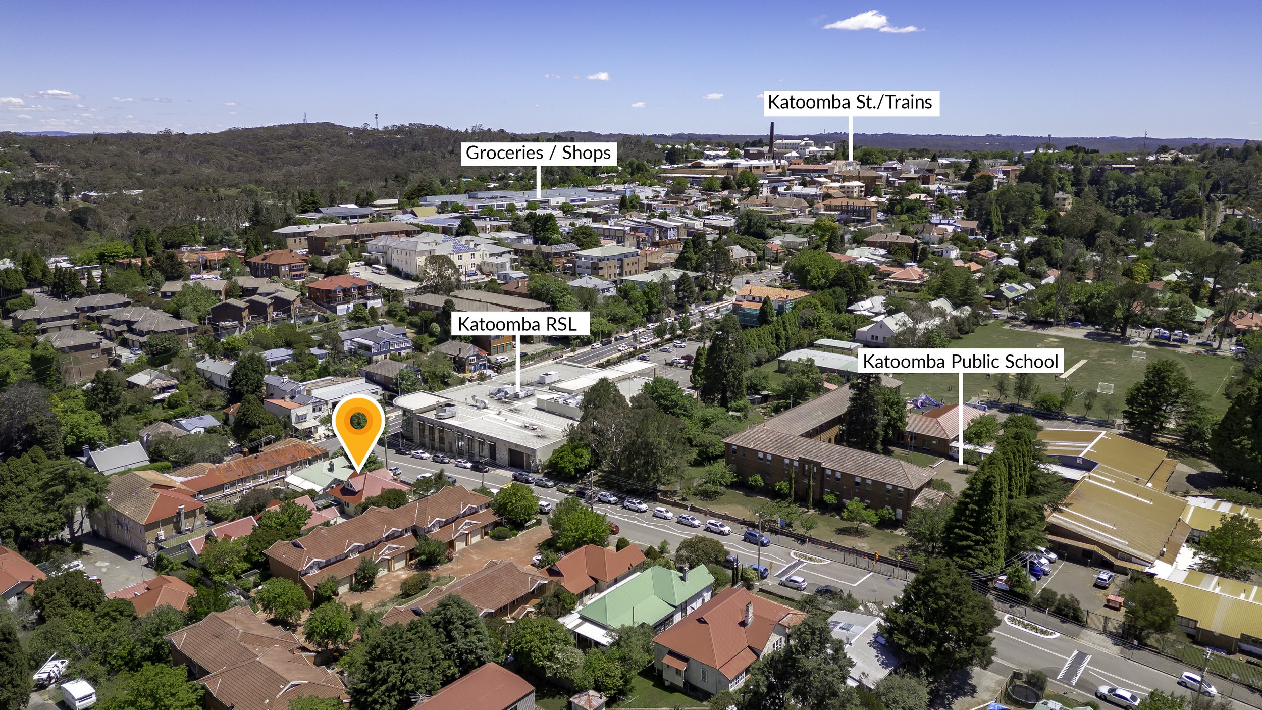 Aerial view of Katoomba neighborhood with labeled locations including Katoomba RSL, Katoomba Public School, Groceries/Shops, and Katoomba St./Trains. The area features residential houses, greenery, and nearby hills under a blue sky with scattered clouds.