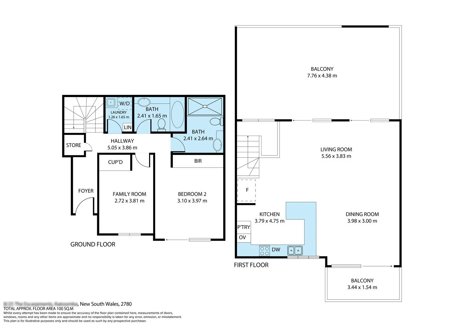 Floor plan of a two-story house with a ground floor and first floor. The ground floor includes a foyer, family room, bedroom 2, two bathrooms, laundry, and storage. The first floor features an open kitchen, living room, dining room, and two balconies, one large outdoor balcony and a smaller balcony.