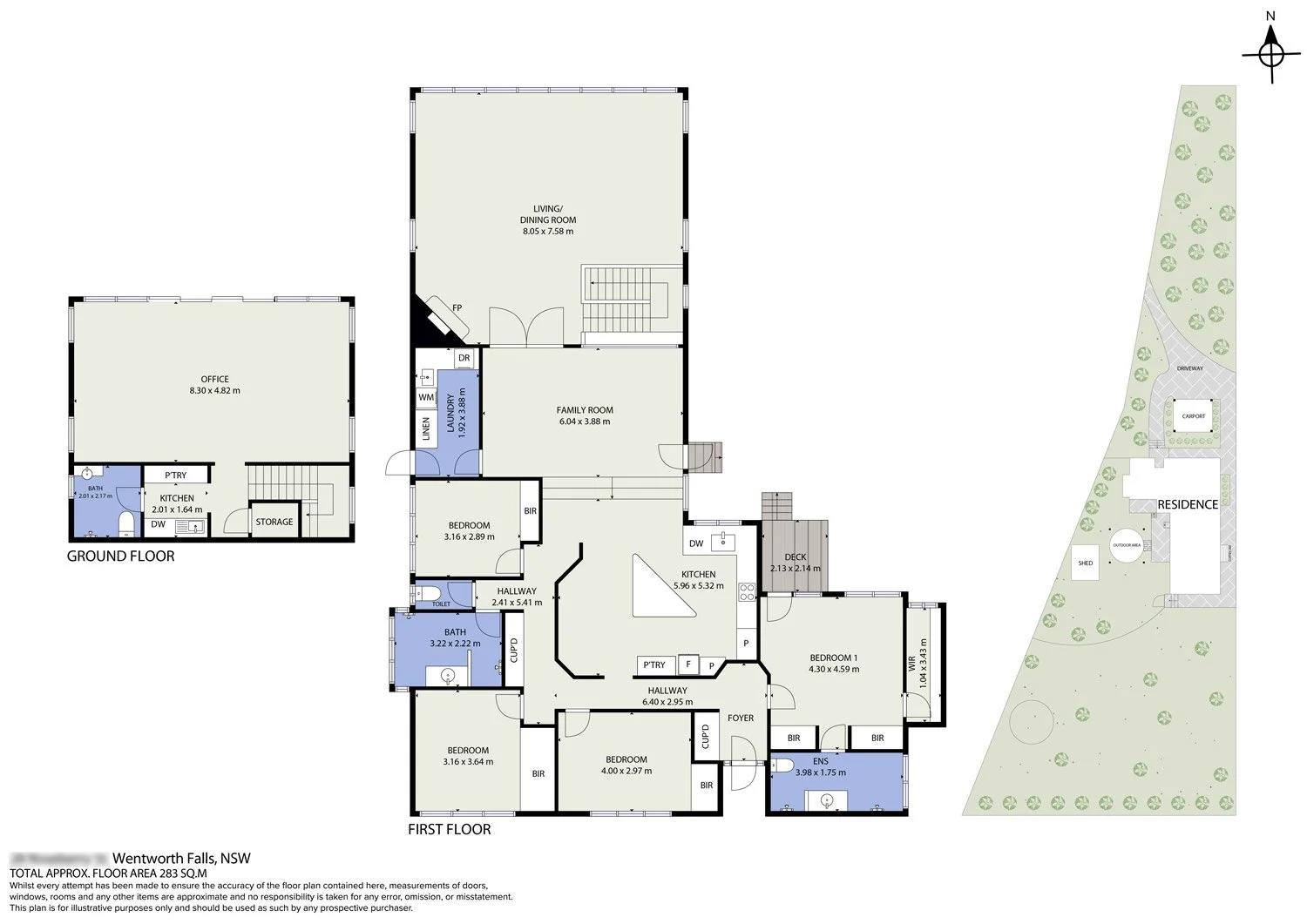 Floor plan of a two-story house with labeled rooms including bedrooms, bathrooms, kitchen, family room, living/dining room, office, storage, laundry, and outdoor areas.