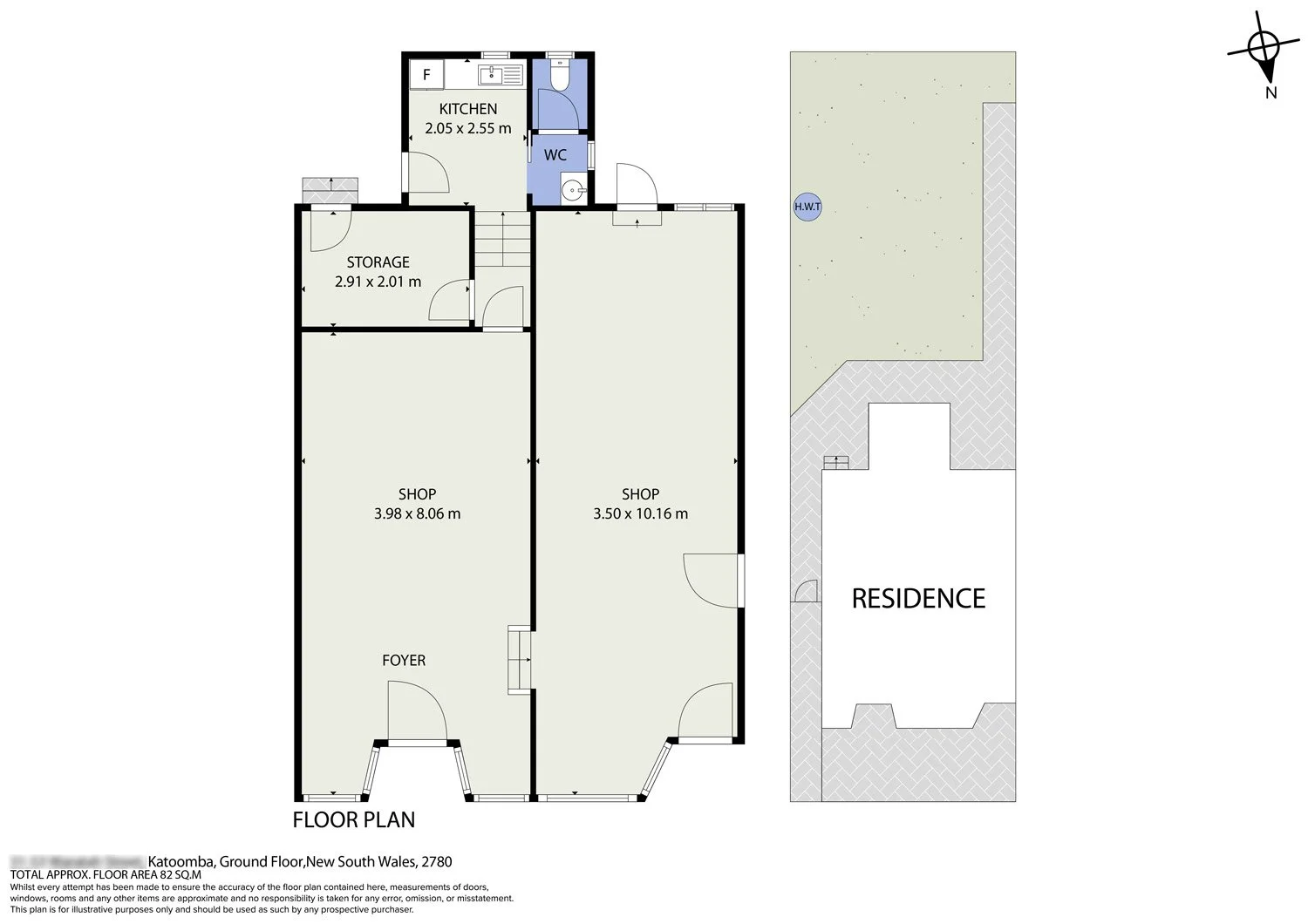 Floor plan of a residential building with labeled areas including a kitchen, WC, storage, two shops, and a foyer, with an outdoor residence and garden area.