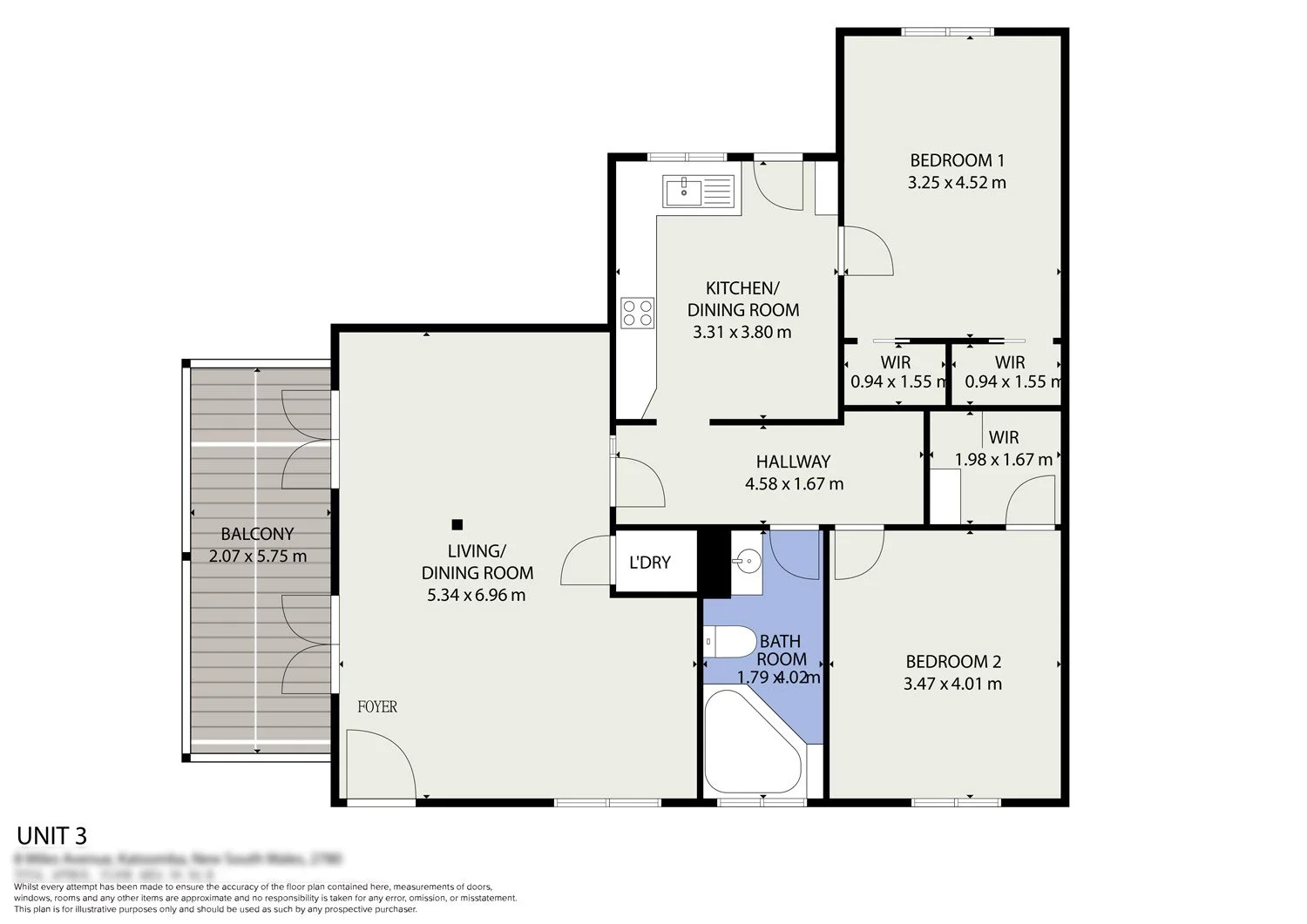 Floor plan of an apartment with two bedrooms, a living/dining room, a kitchen/dining room, a bathroom, a laundry area, a hallway, a foyer, a balcony, and multiple walk-in closets.