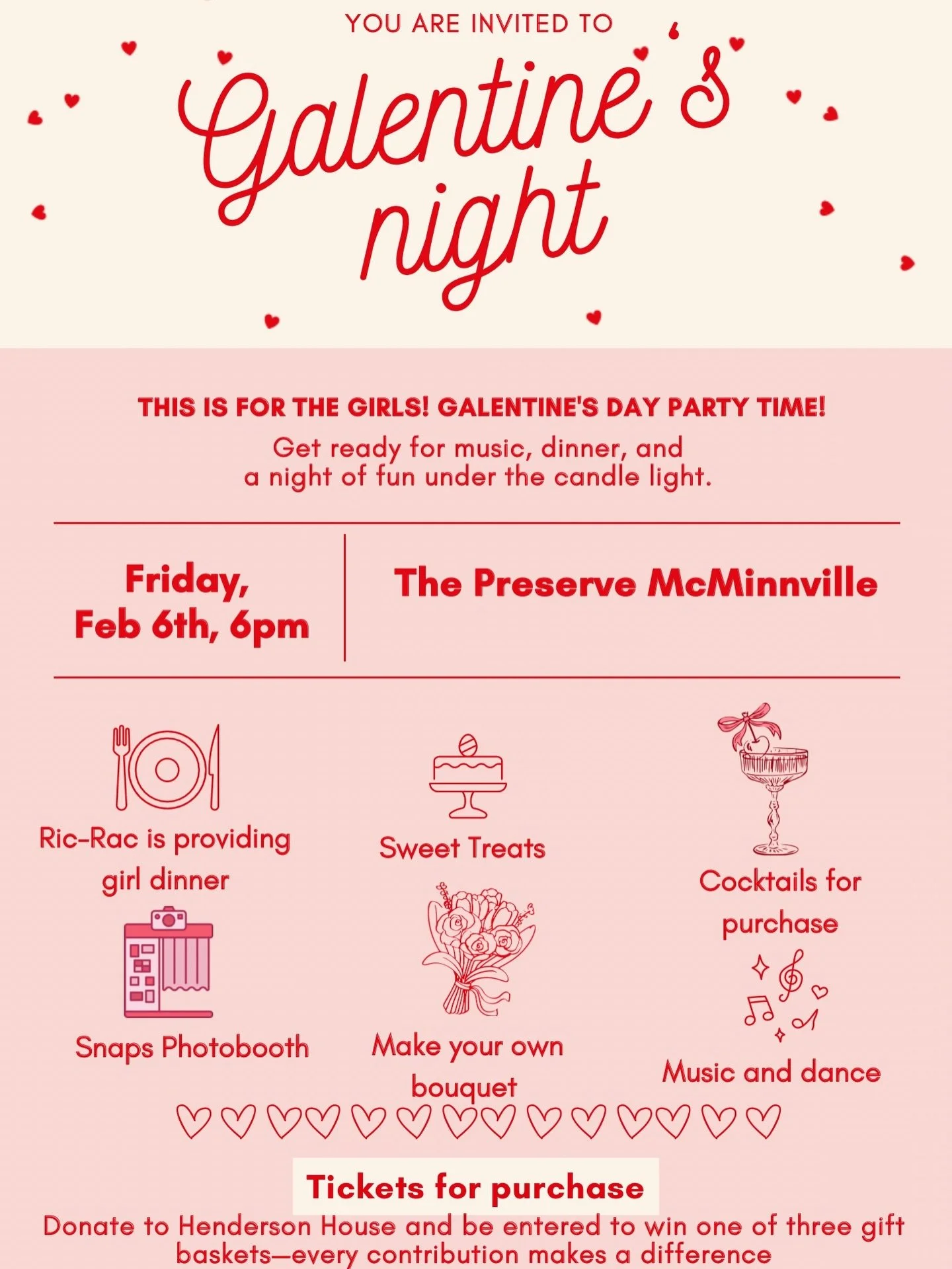 This one&rsquo;s for the girls, and for a great cause 💗

Celebrate Galentine&rsquo;s Night at The Preserve with dinner, drinks, dancing, a photo booth, and make-your-own bouquets, all while supporting @henderson_housedvsa 

💌 Donate an item (or two