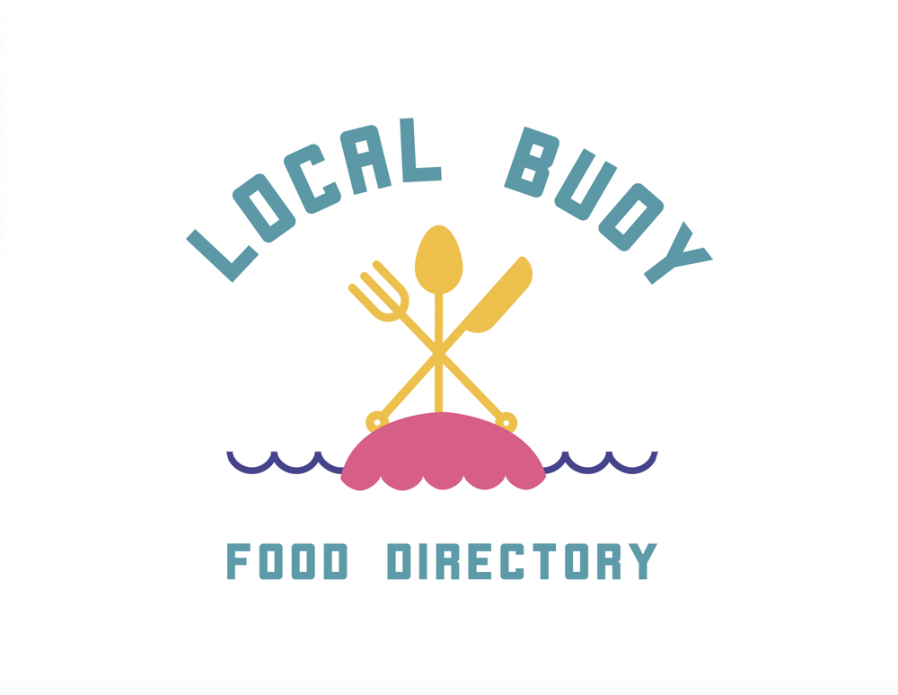 Logo with pink clam shell, crossed yellow gardening tools, and blue water waves, with text 'Local Buy Food Directory'.