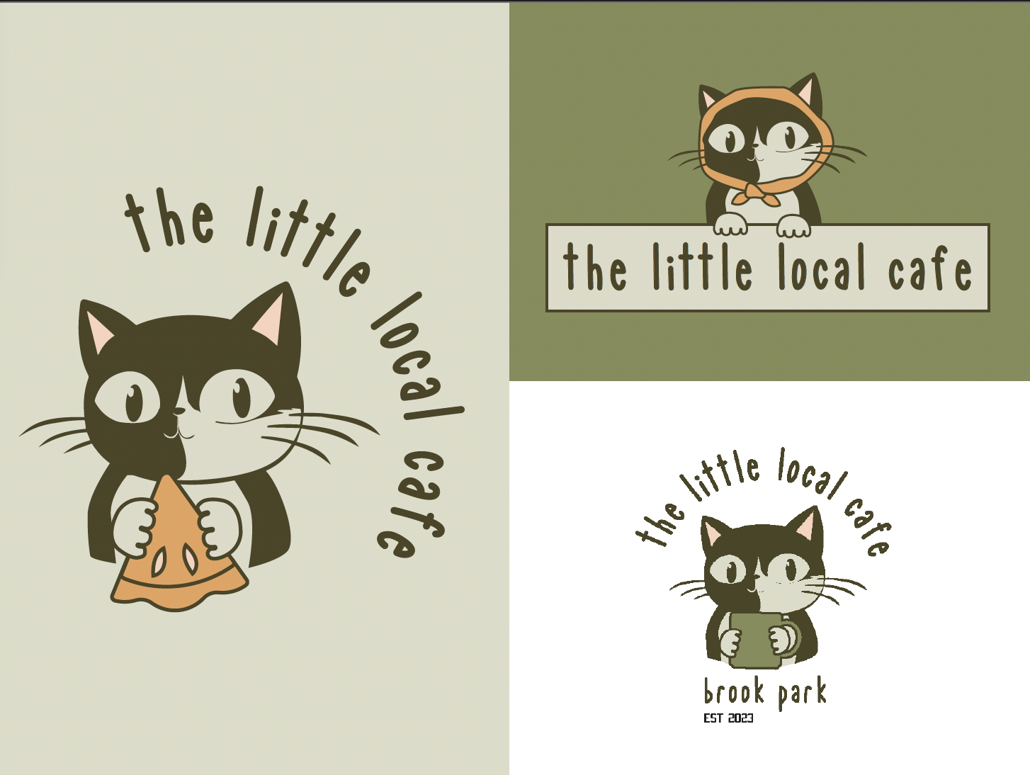 Set of three illustrations featuring a black and white cat with large eyes. The first shows the cat holding an orange pumpkin with the text 'the little local cafe' curved around it. The second shows the cat wearing an orange hood with the same text on a sign in front of a green background. The third shows the cat holding a tablet with the text 'the little local cafe brook park EST 2023' underneath.