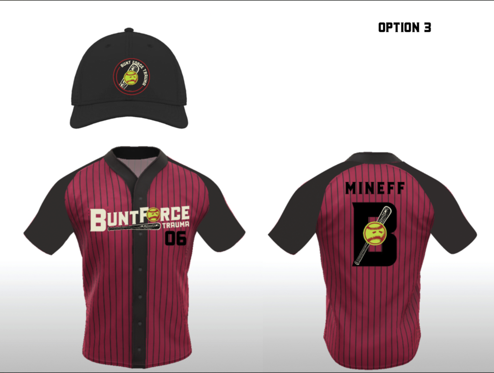 A promotional sports jersey with a red and black vertical stripe pattern, black sleeves, and text that reads 'BUNT FORCE TRAUMA 06' on the front. The back features 'MINEFF' and a large letter 'B' with a baseball bat and angry smiley face graphic. A black cap with a similar angry face logo is shown above the jersey.
