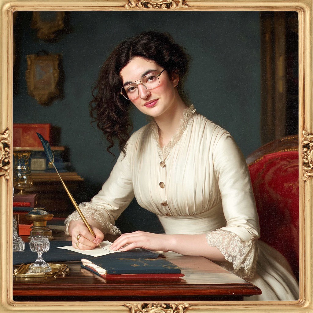 A woman with dark curly hair and glasses, dressed in a vintage cream gown with lace details, sitting at a desk with books and writing materials, holding a quill pen.