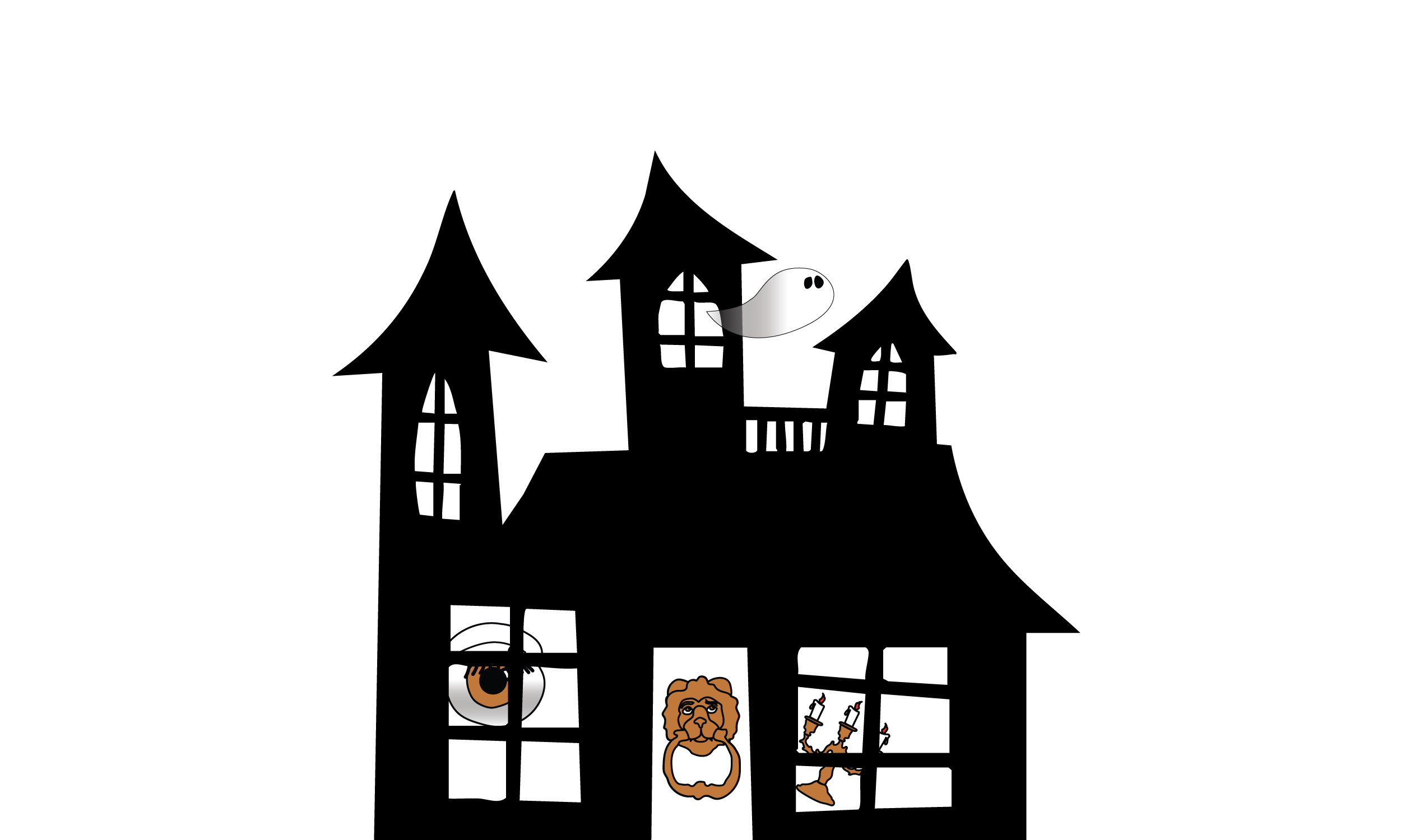 Halloween-themed decorations including a ghost, a spooky eye, a lion mask, and a candelabra with candles on a black background.