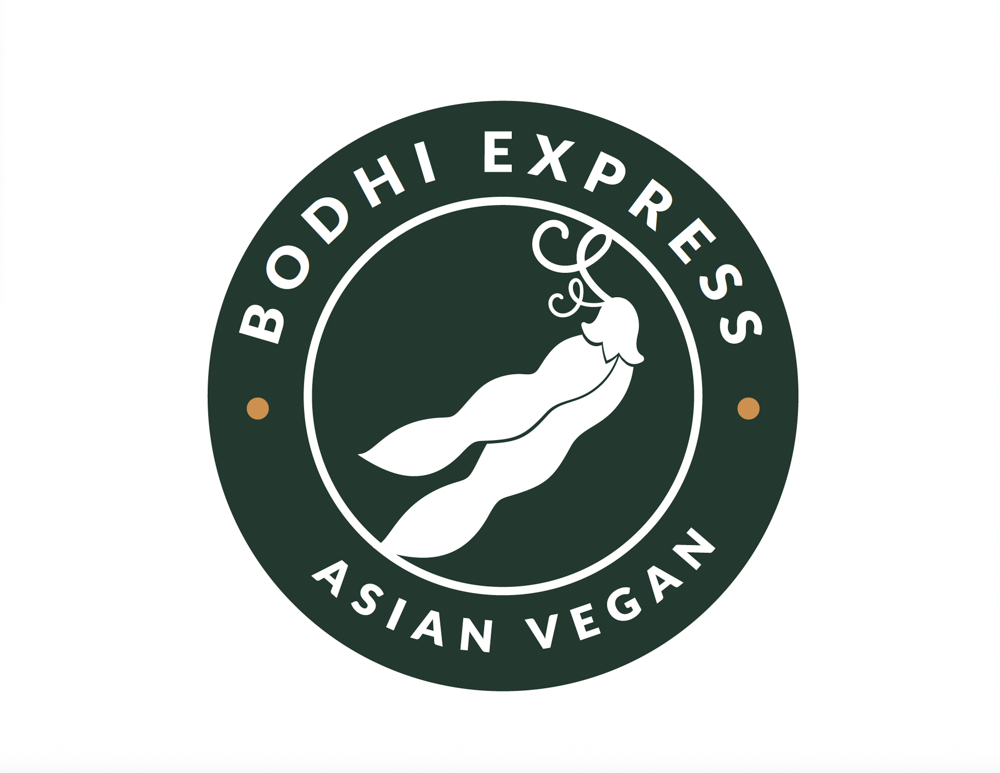 Logo for Bodhi Express Asian Vegan featuring a stylized white lotus flower on a dark green circular background with white text.