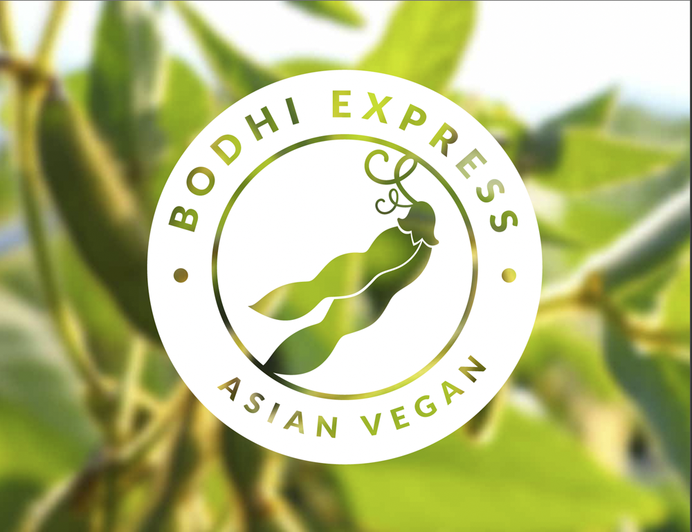 Logo for Bodhi Express Asian Vegan featuring a stylized illustration of a green bean with a lotus flower at the top, surrounded by the text 'Bodhi Express' at the top and 'Asian Vegan' at the bottom, on a background of green leaves.