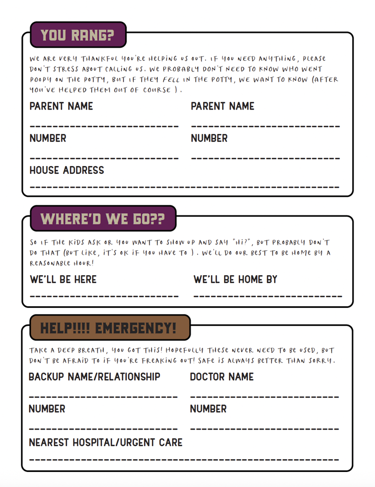 A printable Babysitter guide sold on Etsy