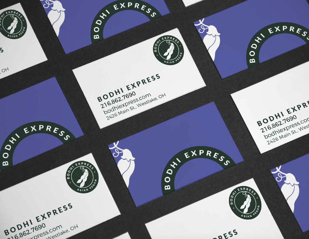 Business cards for Bodhi Express, an Asian vegan food service, featuring a logo with a white Buddha silhouette on a dark green circle background, and contact information including a website and phone number.