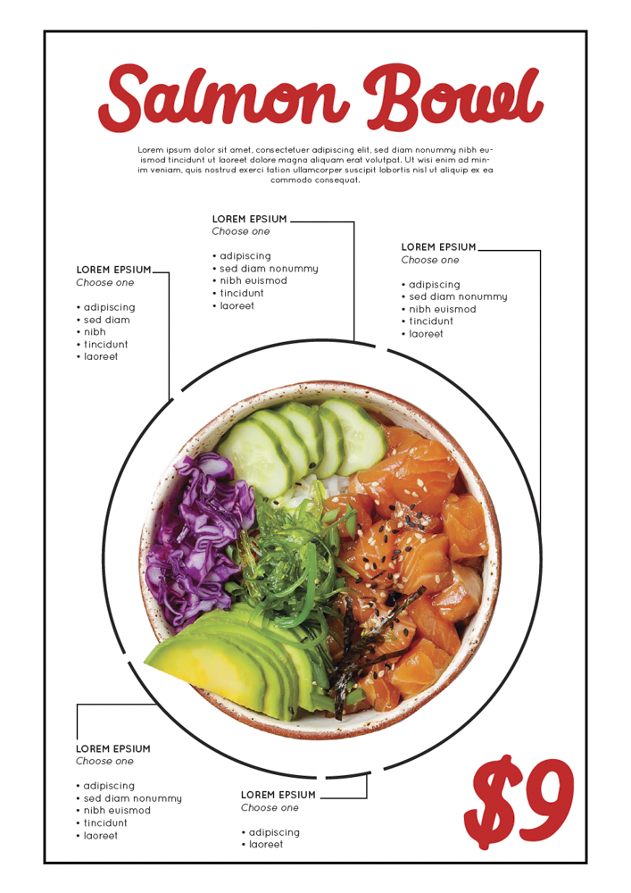 Salmon Bowl with slices of cucumber, purple cabbage, avocado, and diced salmon topped with sesame seeds, priced at $9.