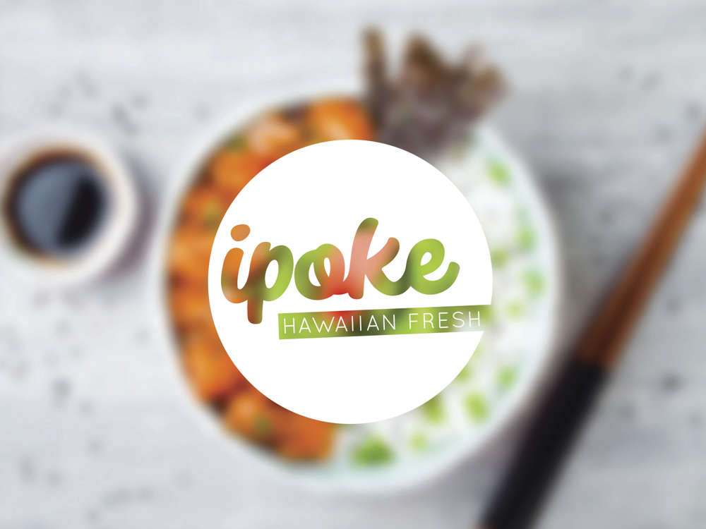 A bowl of poke with sliced fish and green vegetables, a small cup of soy sauce, and a pair of chopsticks on a white surface, with the logo 'ipoke Hawaiian Fresh' overlayed.