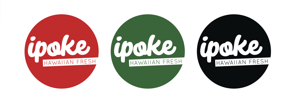 Three circular logo designs with the word 'ipoke' in white cursive font. The logos include the words 'Hawaiian Fresh' and are in red, green, and black backgrounds.
