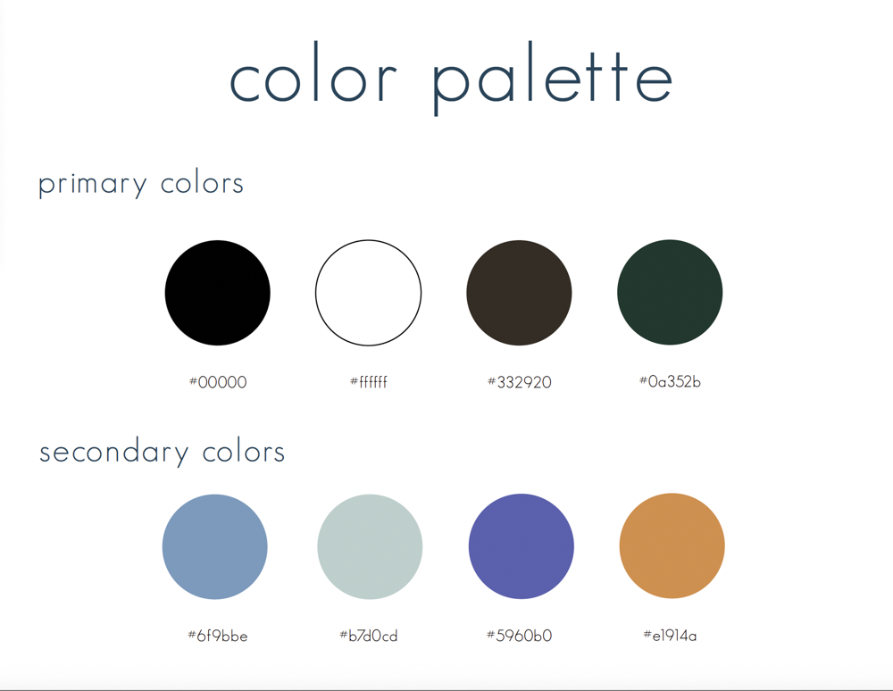 A color palette with primary colors black, white, dark brown, and dark green, and secondary colors blue, light mint, purple, and orange.