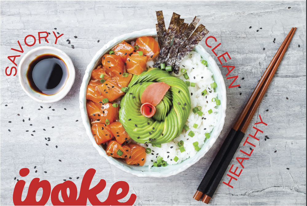 A bowl of sushi with salmon, avocado, rice, seaweed, and green onions, accompanied by a small dish of soy sauce, chopsticks, and the words 'Savor, Clean, Healthy' and 'ioke' written around the bowl.