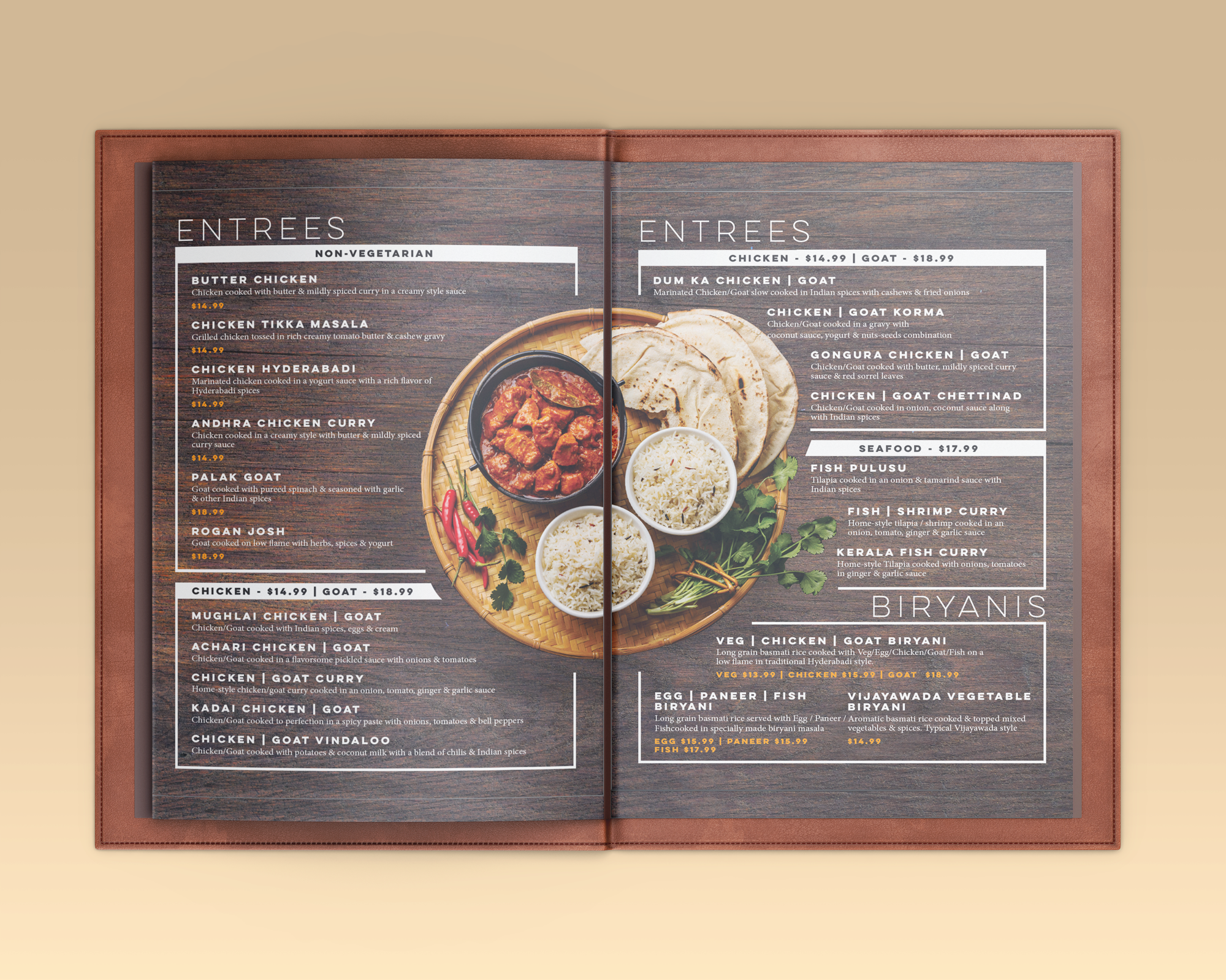 Open restaurant menu with sections for Entrees and Biryani, featuring various chicken, goat, seafood, and vegetarian dishes with prices, alongside a photo of Indian cuisine.