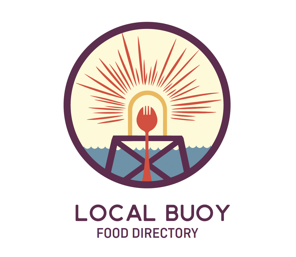 A circular logo with a stylized sun, a fork, a bridge, and water, with the text 'Local Buoy Food Directory' below.