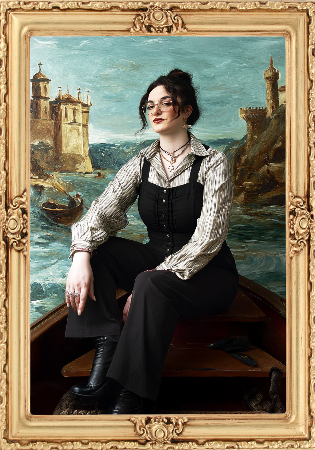 A woman with dark hair and glasses sitting on a boat with a river and historic castle in the background, all framed by an ornate gold frame.