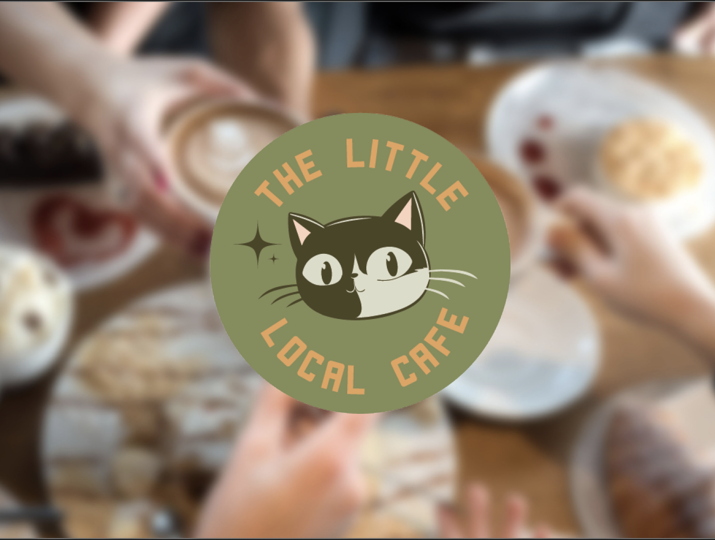Blurred image of people enjoying coffee and desserts around a table, with a green circular logo of a black and white cat in the center reading "The Little Local Cafe."