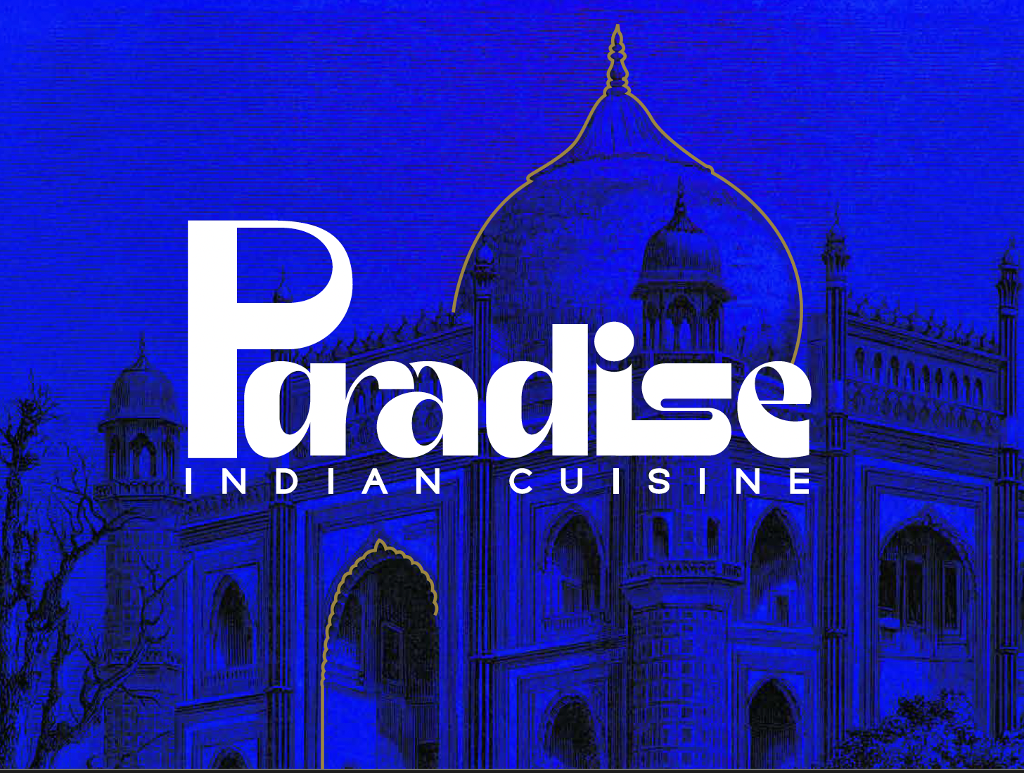 Graphic logo of Palace India Cuisine featuring an illustrated blue background of an Indian palace with white and gold text reading "Palace Indian Cuisine."