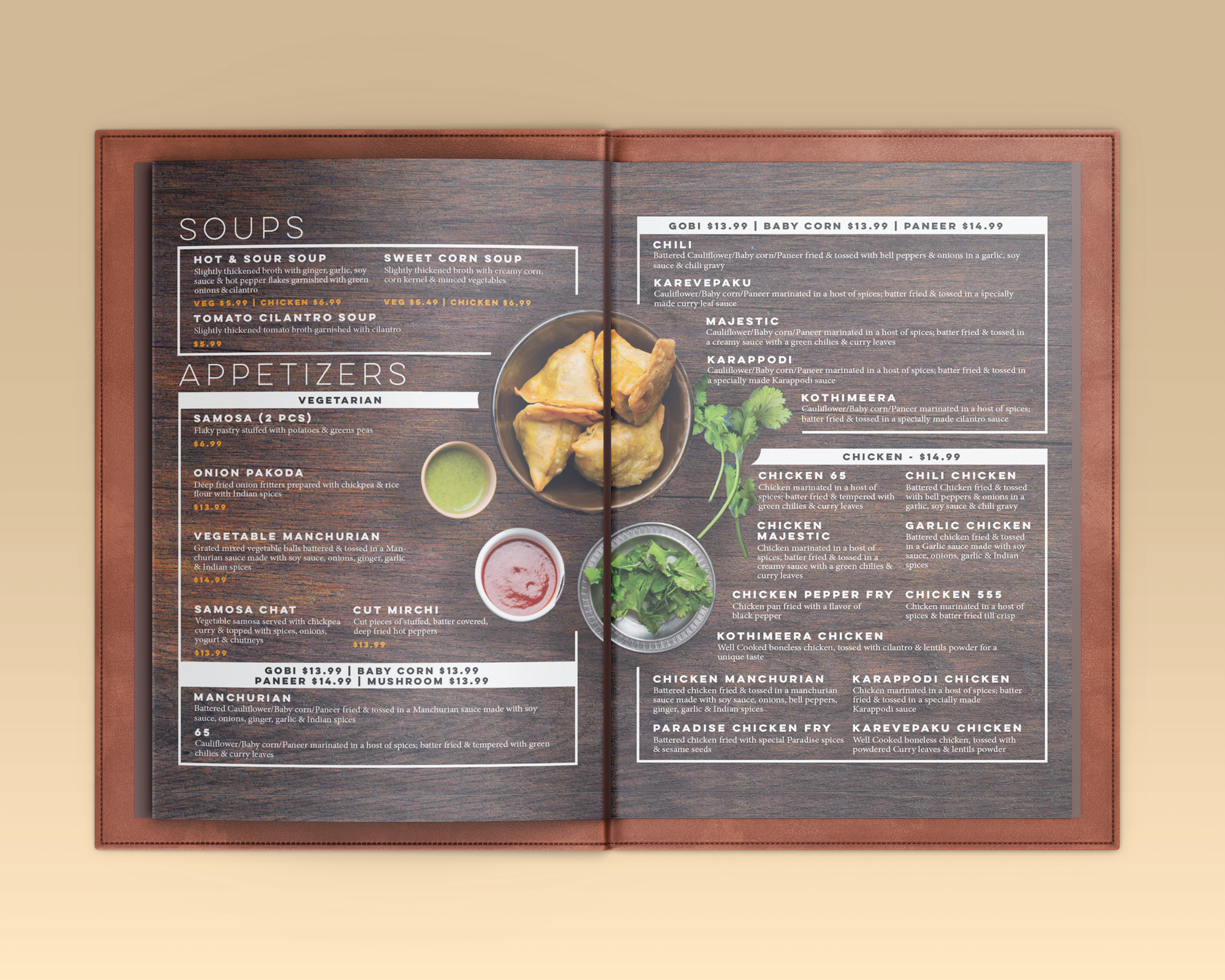 Two-page menu featuring soups, appetizers, and chicken dishes with a decorative dark wood background and images of fried food and fresh herbs.