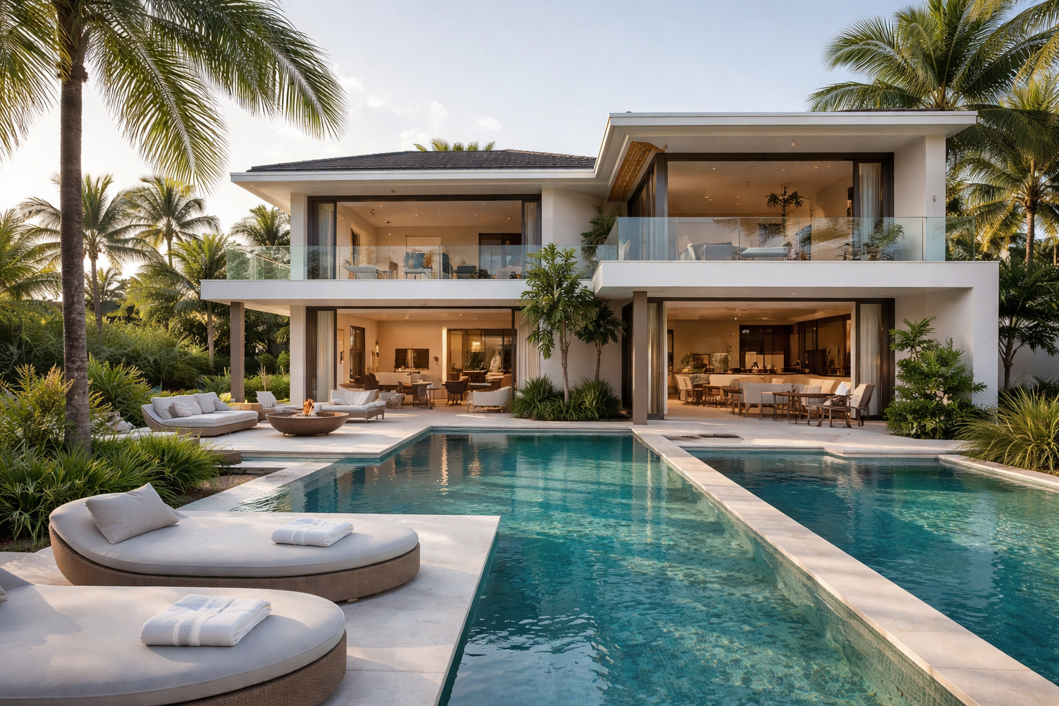 Luxury modern house with two stories, glass balconies, large windows, swimming pool, outdoor seating, surrounded by palm trees, during sunset.