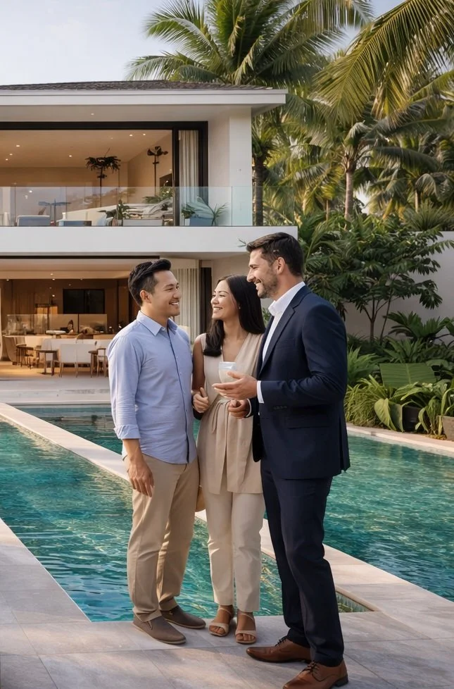 Three friends dressed in business casual attire stand near a swimming pool outside a modern house, smiling and talking, with lush tropical plants and palm trees in the background.