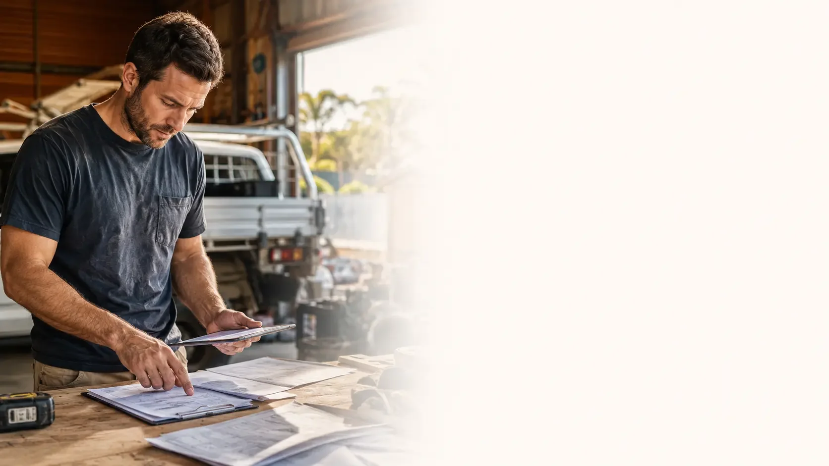 Sole trader reviewing paperwork beside work vehicle for commercial and business lending options.
