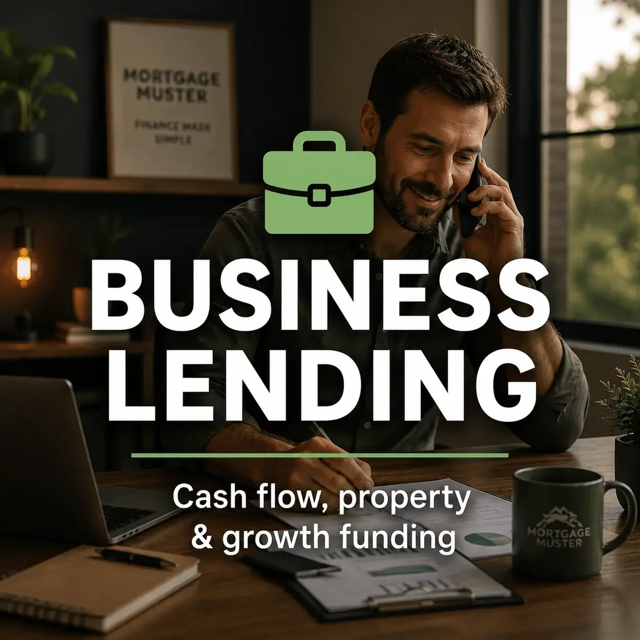 Business owner working on finance plans, representing business lending, cash flow support and commercial finance guidance.