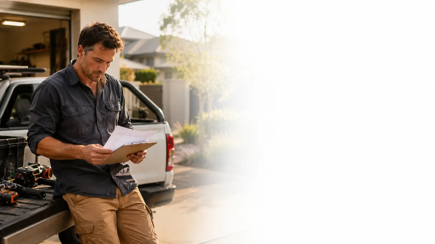 Sole trader reviewing paperwork near work vehicle for self-employed home loan options.