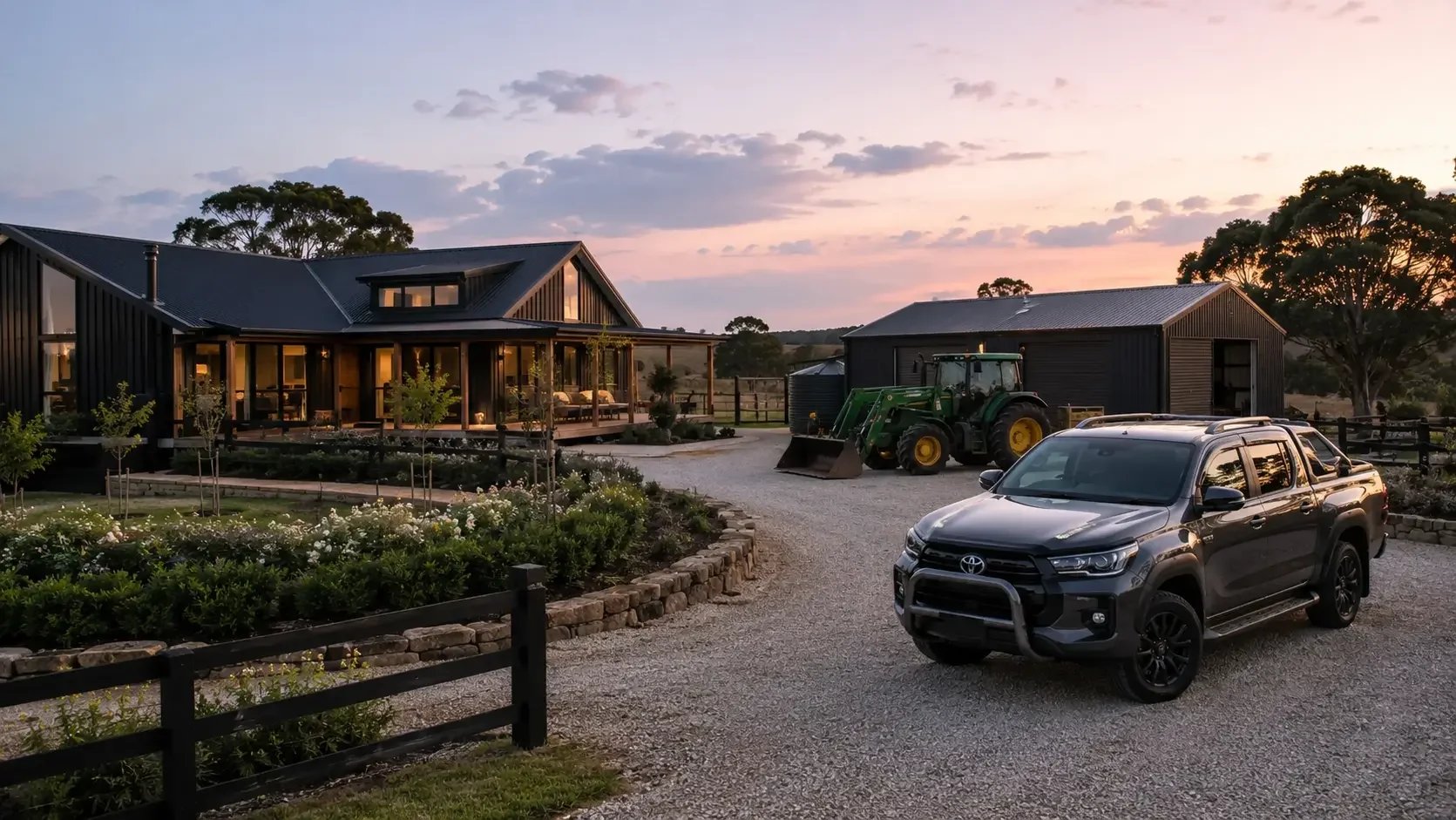 Regional home with tractor and vehicle showing Mortgage Muster rural property finance guidance.